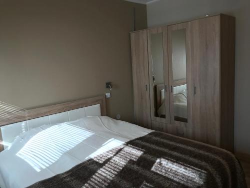 a bedroom with a bed and a wooden cabinet at Lovely Apartment 2 in Belgrade