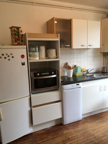 une cuisine avec des armoires blanches et un réfrigérateur blanc dans l'établissement Appartement 4 personnes centre ville, à Châteauneuf-sur-Loire