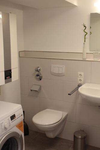 a bathroom with a toilet and a sink and a washing machine at Inside Apartments Speyer in Speyer