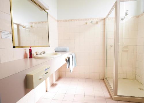 a bathroom with a sink and a shower at Centretown Motel in Nagambie