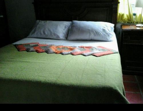 a bed with a green blanket and pillows on it at Las Cabañas Castillos del Lago in Guatapé