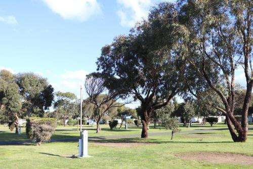 a park with trees and a park bench at Anglesea Family Caravan Park in Anglesea