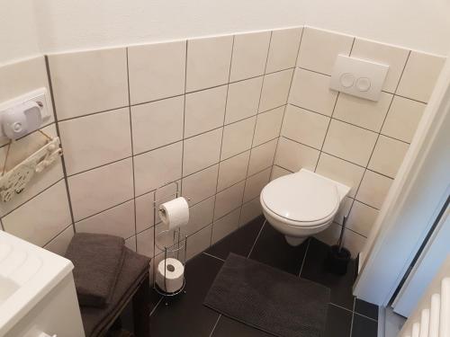 a small bathroom with a toilet and a sink at Gästehaus Klostergasse in Lorch am Rhein