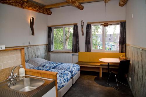 Schlafzimmer mit einem Bett, einem Tisch und einem Waschbecken in der Unterkunft De Droomhut in Den Hoorn