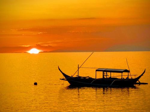 a boat in the water with a sunset in the background at Blue Ribbon Dive Resort in Mabini