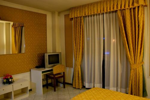 ein Schlafzimmer mit einem Bett und einem Schreibtisch mit einem Fernseher in der Unterkunft Hotel Michelangelo in Rezzato