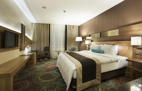 ガジアンテプにあるDedeman Park Gaziantep City Centerの大型ベッドとテレビが備わるホテルルームです。