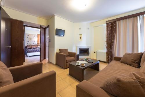 a living room with two couches and a fireplace at Thermios Apollon in Thermo