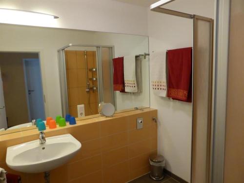 a bathroom with a sink and a mirror at Irreler Mühle Ferienwohnungen und Ferienhäuser in Irrel