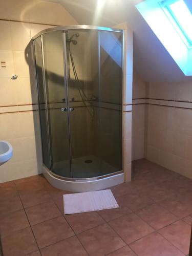 a bathroom with a glass shower in a attic at Dom Sówka in Radzyń