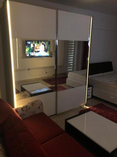 ein Wohnzimmer mit einem Sofa und einem Spiegel in der Unterkunft Ana Studio Apartment in Galaţi