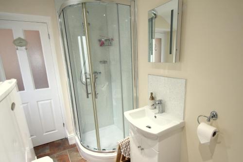 a bathroom with a shower and a sink at Pip's Corner in Lynton