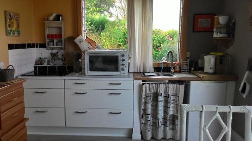 une cuisine avec un four micro-ondes sur un comptoir et une fenêtre dans l'établissement Appartement rdc les flots, à Varengeville-sur-Mer