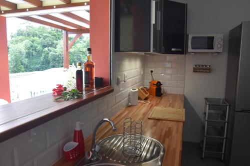 a kitchen with a sink and a counter with a window at Haut de villa dans son écrin de verdure in Sainte-Marie