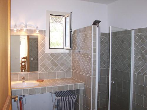 une salle de bain avec un lavabo et une douche avec un miroir dans l'établissement I Luminelli, à Porto-Vecchio