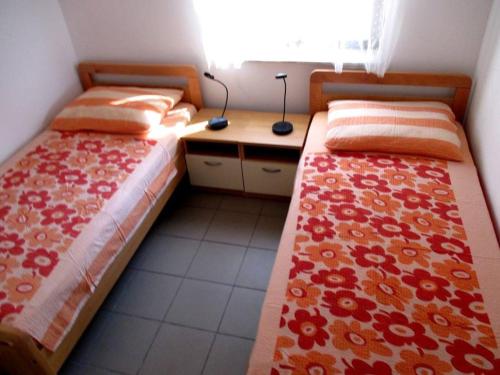 um quarto com 2 camas e uma secretária com uma janela em Private island Šćitna - HOUSE LUEL em Murter