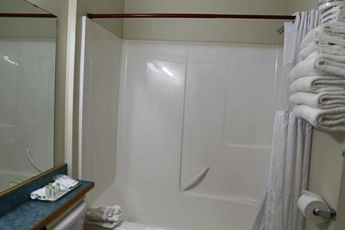 a shower in a bathroom with a shower curtain at SlumberLodge Hotel in Penticton