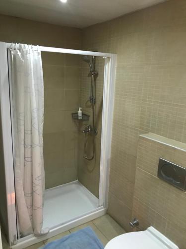 une salle de bain avec une douche avec un rideau de douche dans l'établissement Ithaki Phinikoudes Apartment No. 107, à Larnaka