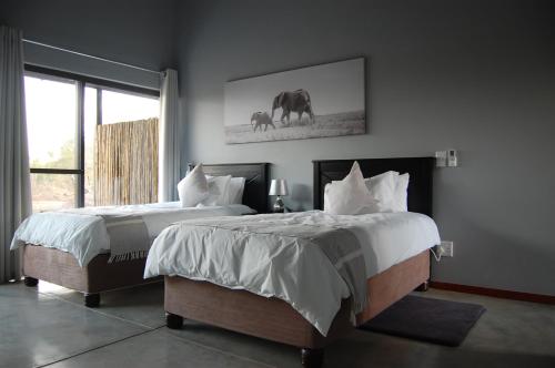 1 dormitorio con 2 camas y una foto de un elefante en Ngalas Rest 101, en Hectorspruit