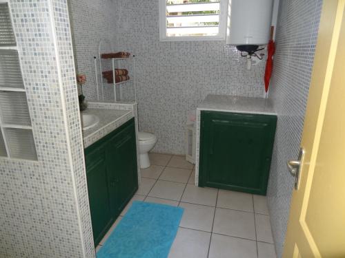 La salle de bains est pourvue d'un lavabo vert et de toilettes. dans l'établissement Residence Virginie, à Saint-Leu