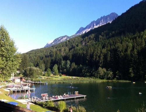 a lake with a dock in the middle of a mountain at Apartment Lilly in Lienz