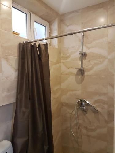 y baño con ducha y cortina de ducha. en Old Town House on Asatiani, en Tiflis