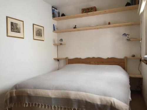 ラ・プン・シャミュ・シアシにあるChesa Aurora - La Puntのベッドルーム1室(ベッド1台、壁に棚付)