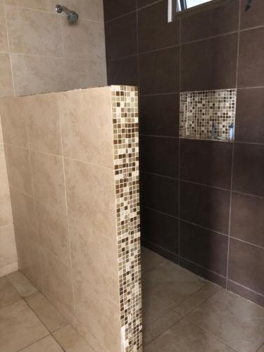 a bathroom with a shower with tiles on the wall at Suites Real Tabasco in Villahermosa
