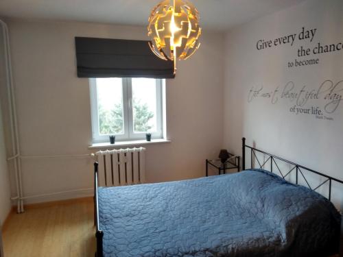 sypialnia z niebieskim łóżkiem i żyrandolem w obiekcie Apartament Centrum w Szczecinku