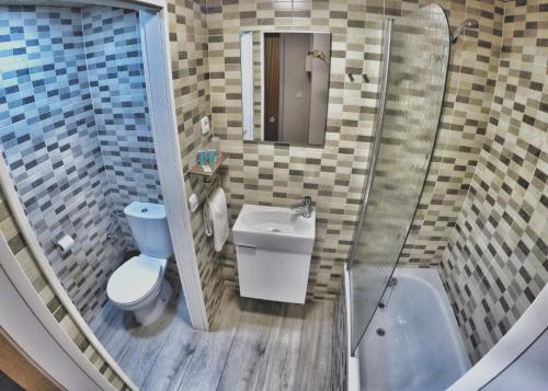 uma casa de banho com um WC, um lavatório e um chuveiro em L'Hostalet d'Arenys de Mar em Arenys de Mar