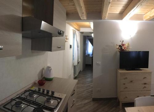 a kitchen with a stove and a television on a counter at South Lagoon Apartments 1 in Chioggia