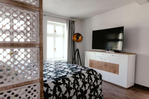 - une chambre avec un lit et une télévision à écran plat dans l'établissement Zelný trh 40, à Brno