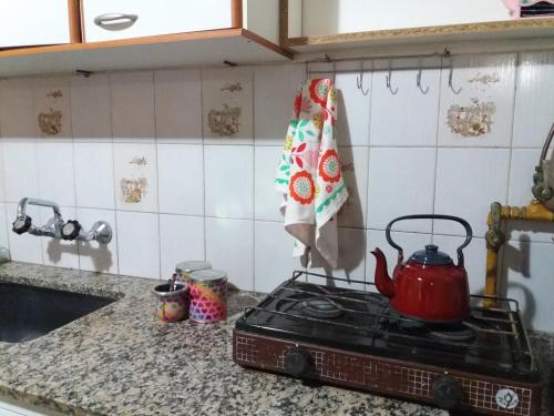 cocina con fogones y paño de cocina en la pared en Descanso en la Patagonia en Trelew