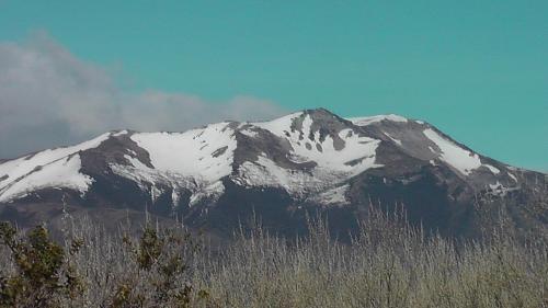 a snow covered mountain with trees in front of it at Cabañas Boca del Chimehuín in Junín de los Andes