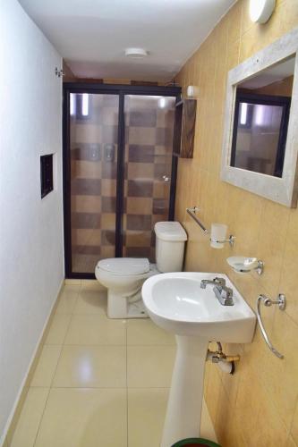 a bathroom with a toilet and a sink at Hotel Corazón Mexicano in Guanajuato