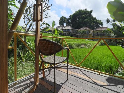 a chair sitting on a deck looking at a rice field at Biyukukung Suite & Spa in Ubud