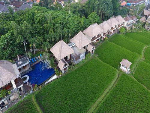 an aerial view of a house with a swimming pool at Biyukukung Suite & Spa in Ubud