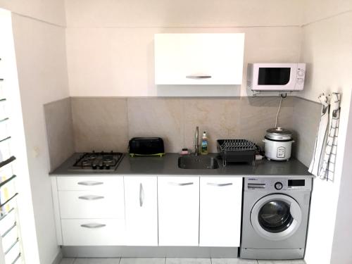 - une cuisine blanche avec un évier et un lave-linge dans l'établissement Iris suite, à Punaauia
