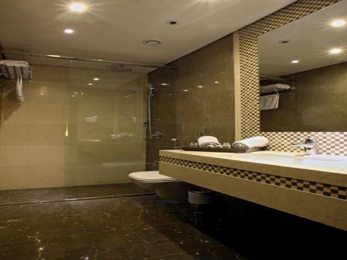 a bathroom with a shower and a toilet and a sink at Lancaster Suites Raouche in Beirut