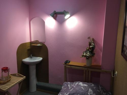 a pink bathroom with a sink and a toilet at Na Ilyinke in Nizhny Novgorod