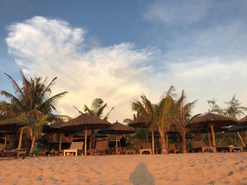 a beach with chairs and umbrellas and palm trees at Thai Tan Tien Hotel in Phu Quoc