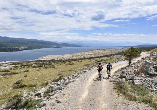 two people riding bikes on a dirt road near the water at Aminess Younique Gaia Green Villas in Njivice
