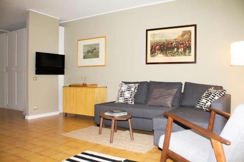 基耶薩伊恩瓦爾馬倫科的住宿－Appartamento in centro a Chiesa Valmalenco，带沙发和电视的客厅