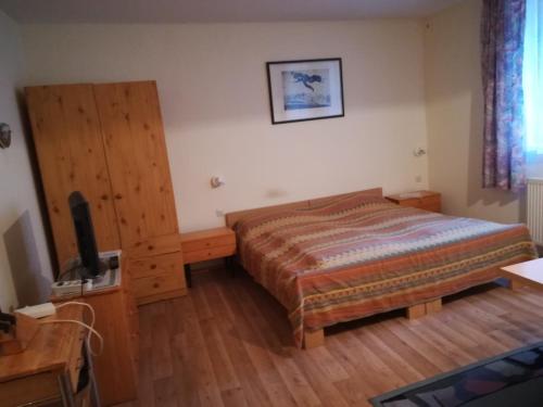 a bedroom with a bed and a flat screen tv at Ferienwohnung Feldhege in Bacharach