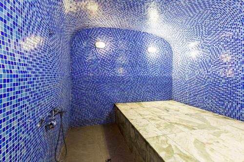 bagno piastrellato blu con doccia e bancone di Renion Residence Hotel a Almaty