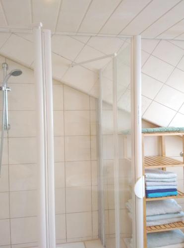a shower with glass doors in a bathroom at Ferienwohnung Wiedmann in Tübingen