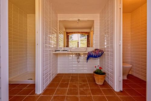 een badkamer met een wastafel, een toilet en een spiegel bij El Portió, tu casa de ensueño junto a la playa. in Tamariu