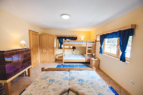 a bedroom with two bunk beds and a window at APARTMENTS ROGLA LUKANJA 1 in Oplotnica