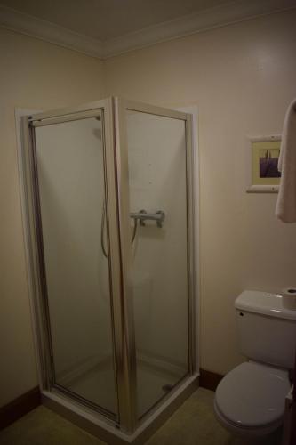 a shower stall in a bathroom with a toilet at GOLF View Hotel & Macintosh Restaurant in Lossiemouth