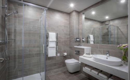 a bathroom with a toilet and a sink and a shower at Castletroy Park Hotel Suites in Limerick